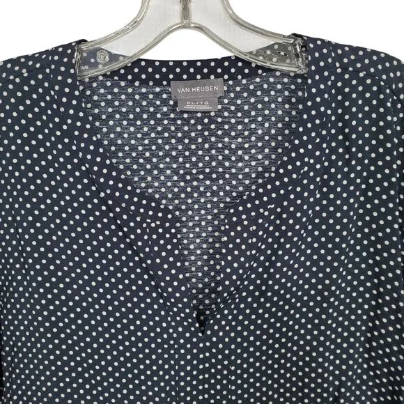Van Heusen Womens XL Top Polka Dot Bell Sleeve Blouse Rayon Blend V Neck Blue - Picture 4 of 11